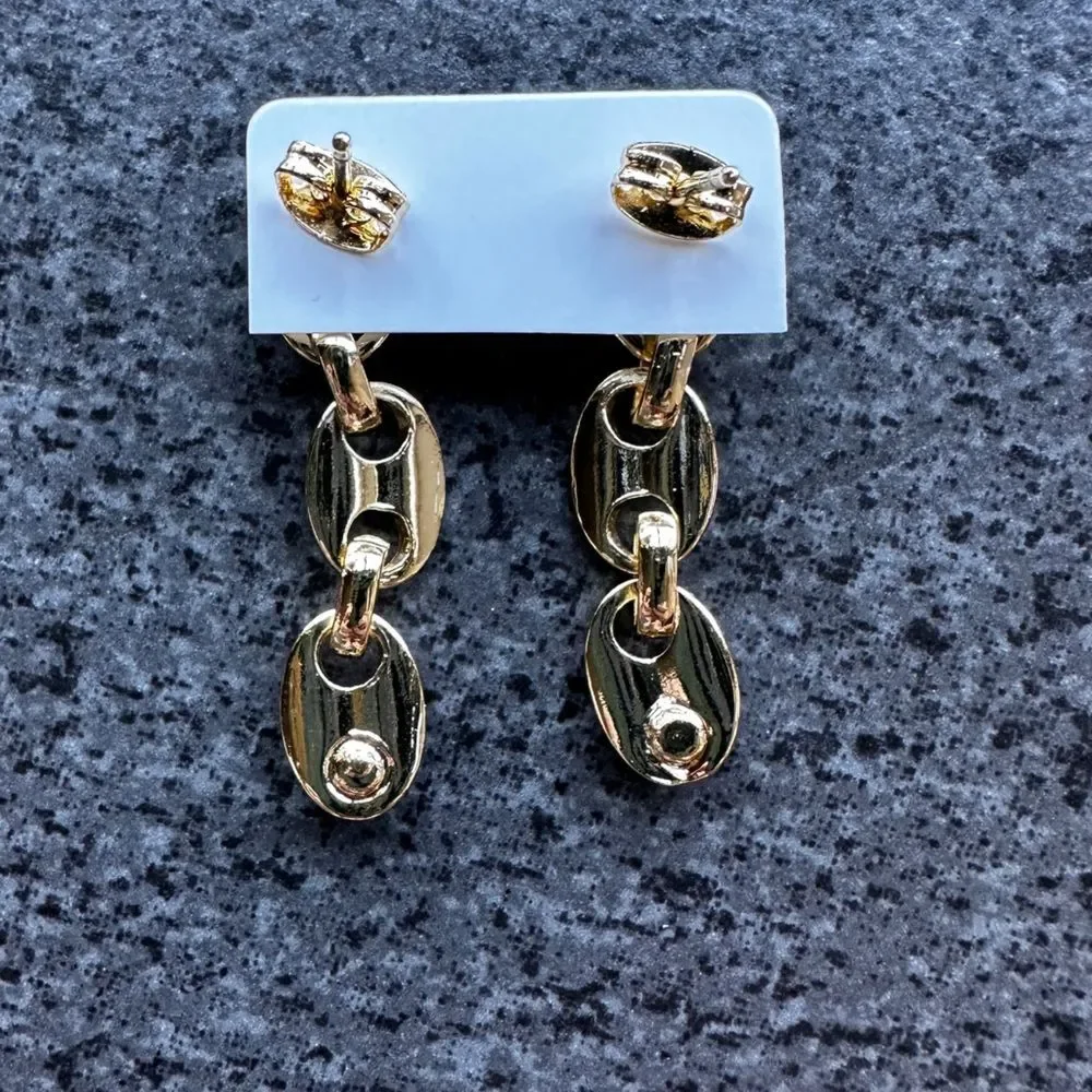 NEW 18K Yellow Gold Oval Link Dangle Drop Earrings w/ Round Clear Crystal CZ